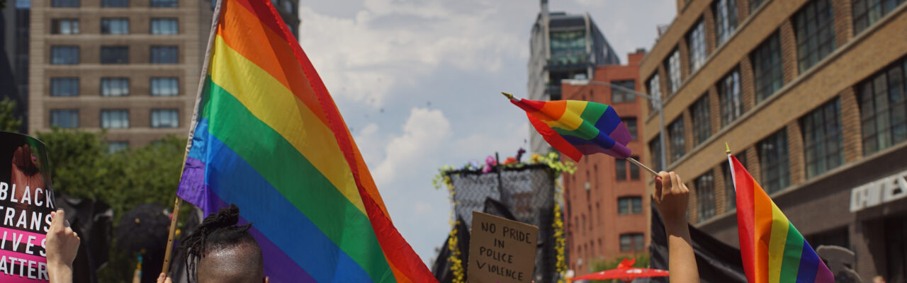 People walking in street for pride parade